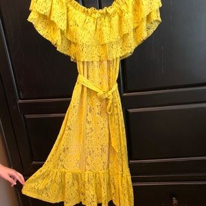 Zara Off shoulder Yellow Lace Ruffle Dress Sz M